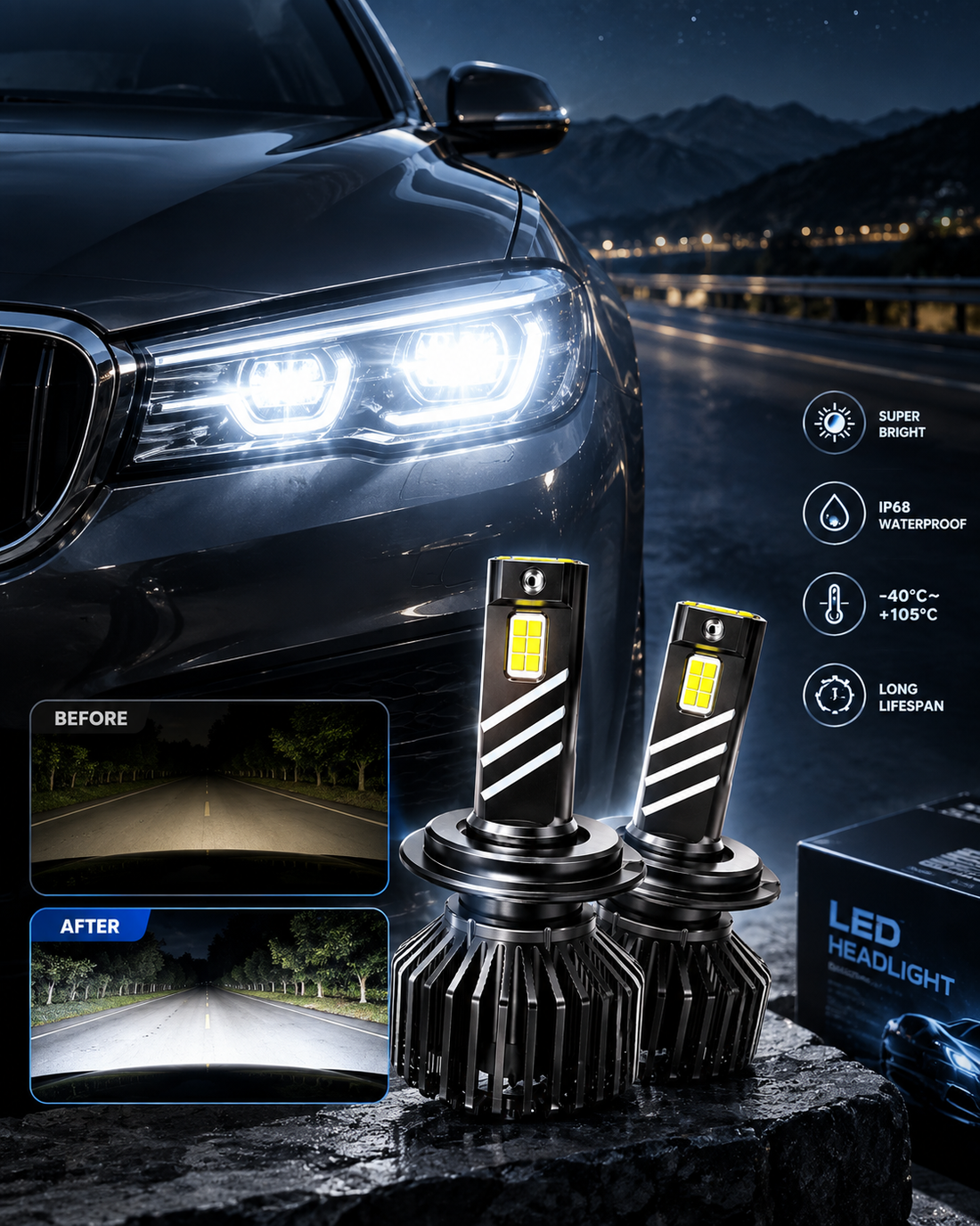 AutoRise 300W LED Car Headlight Bulbs – Ultra Bright High-Power LED Headlight | IP68 Waterproof, Long Lifespan & All-Weather Performance | Pair