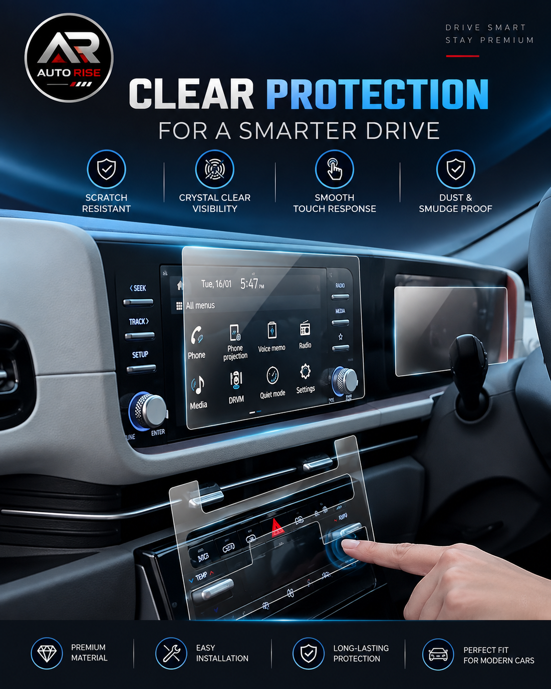 AutoRise Infotainment, Cluster & AC Panel Screen Protector | Scratch-Resistant, Anti-Glare, HD Clear Tempered Glass Guard | Touch-Sensitive, Bubble-Free, Easy Install Dashboard Display Protector for Cars